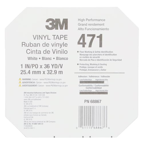 Image of 3M Vinyl Tape 471, 1 in x 36 yd, White, 1 Roll, White Floor Tape, Paint Alternative for Floor Marking, Social Distancing, Color Coding, Safety Marking