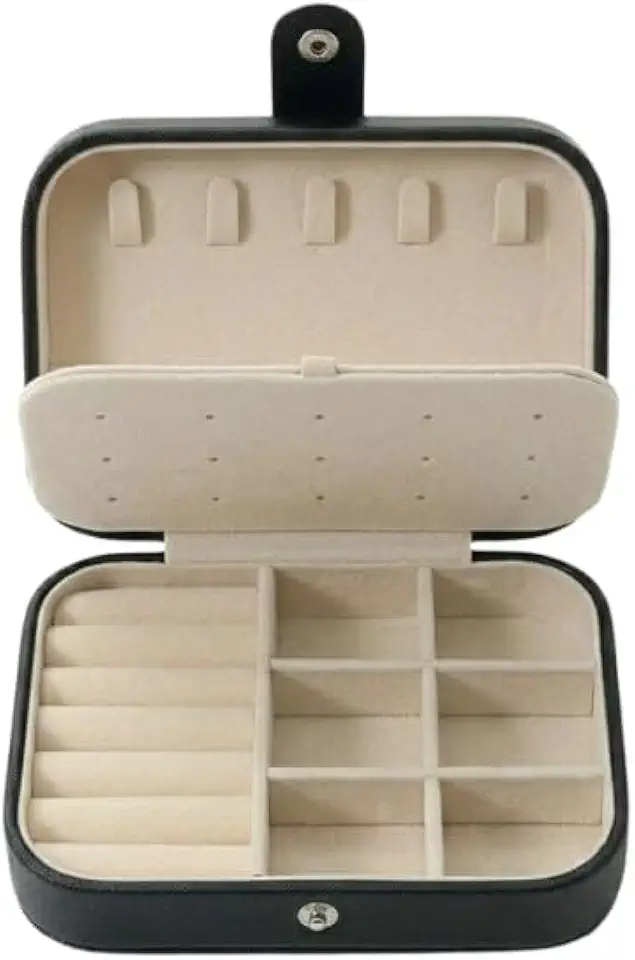 Porta Joias Compacto com Divisórias para Viagem e Uso Diário em Casa Disponível em Branco Preto Azul e Rosa (Preto)