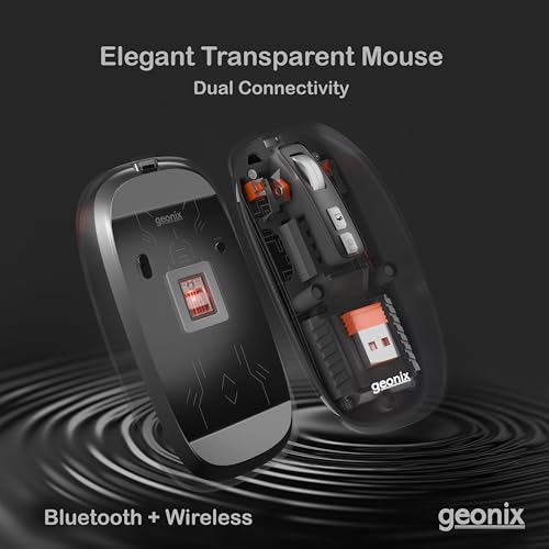 Image of GEONIX Crystal Rechargeable Wireless Mouse, Dual Mode (2.4GHz + BT), Dual Bluetooth, Noiseless, Ultra Slim, 5 Buttons, Adjustable Upto 2400 DPI for MacOS, Desktop, Laptop (Black Base)