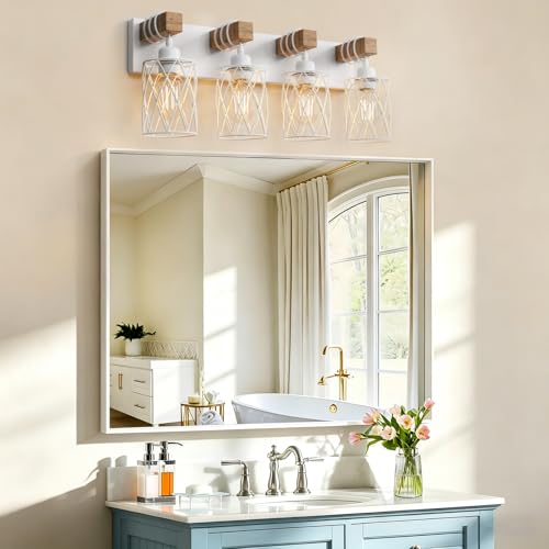 Image of IZORRO Farmhouse Bathroom Vanity Light, 4-Light Wood Bathroom Light Fixtures Over Mirror, Matte White Industrial Vanity Lights with Metal Shade, Rustic Restroom Lighting Fixtures