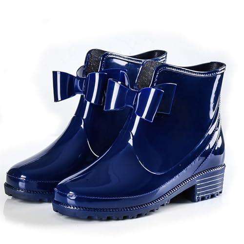 XHOGNLS Women'S Pvc Chunky Platform Rain Boots With V Cutout Bow Fashion Wide Calf Rubber Lug Sole Anti-Slip Yard Farm Work Chelsea Rain Boots Outdoor Slip-On Waterproof Ankle Boots (6,Blue)