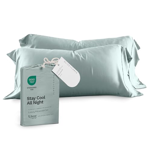 Olive + Crate Tencel Eucalyptus Pillowcases - 100% Tencel Lyocell Cooling Pillow Cases for Hot Sleepers - Hypoallergenic, Moisture-Wicking, Silk Alternative, Vegan - Queen Size Set of 2 [Eucalyptus]