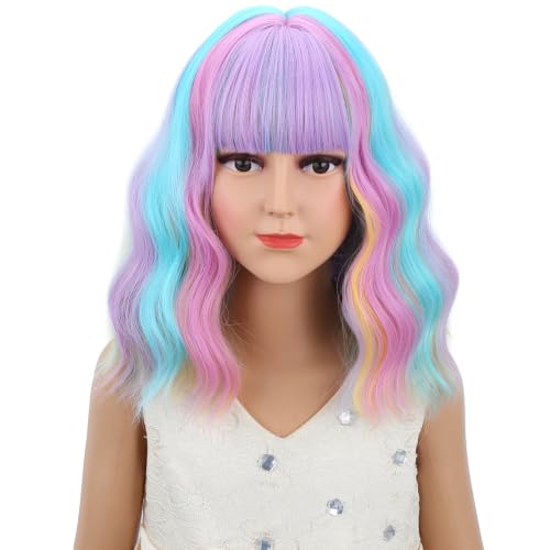 Image of Rainwow Wig Short Rainbow Wavy Curly Wigs Colorful Wig with Air Bangs Synthetic Cosplay Hair Wigs