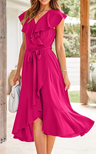 Image of RETTYGARDEN Women's 2026 Summer Cross Midi Dress Casual Boho Deep V Neck Short Sleeve Ruffle Hem Split Beach Long Dresses