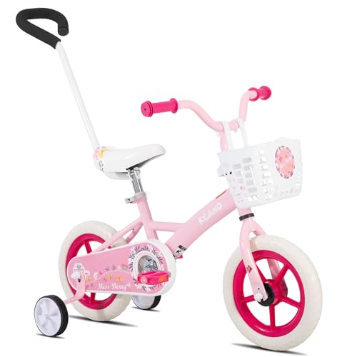 KEANO Voyager 12 Inch Kids Bike for Girls Ages 2-4 Years, Toddler Bike with Training Wheels & Basket, Detachable Parent Push Handle, Children Bicycle in Pink