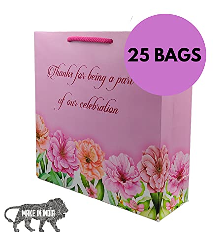 Arrow Paper Products Pink Floral Thank You Big Paper Gift Bags for Baby Shower Return Gift, Small Presents, Weddings, Birthday, Holiday Presents, Pack of 25 (9x9x3inch) 1