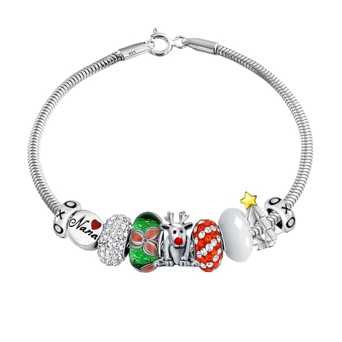 Bracelet de Noël en argent 925 et cuir avec charms arbre et renne