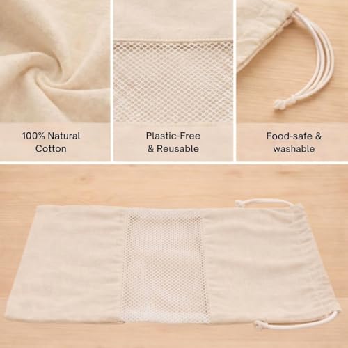 Image of Solitude Set of 9 Cotton Vegetable Bags for Fridge Storage, Reusable Washable Muslin Cloth Produce Bags with Drawstring, Eco Friendly Kitchen Storage Bags for Fruits and Vegetables