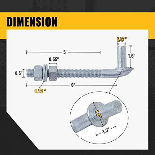 6" J-Bolt Post Hinge, Vivida J-Bolt Gate Hinge With 5/8" Male Hinge Pin, For Chain Link Fence Gate, Galvanized Steel, Nuts & Washers Included, 2 Pack #TOP1