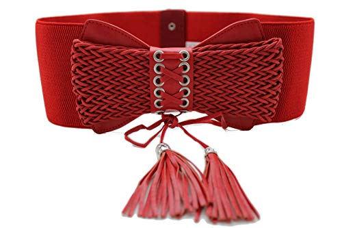 TFJ Women Elastic Wide Fashion Corset Bow Belt High Waist Tassel S M L Red