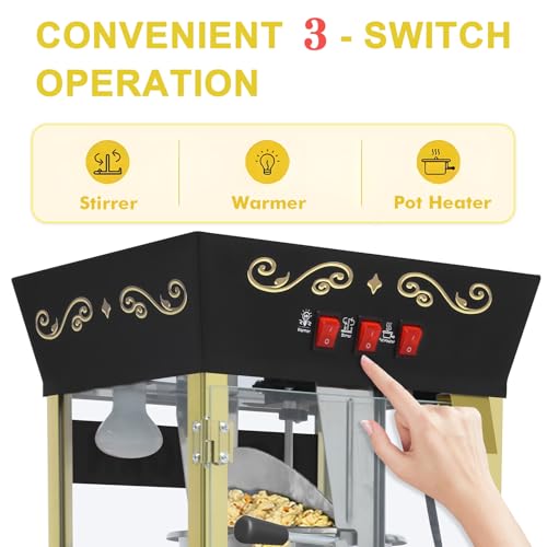 Image of 12 Oz Popcorn Machine with Cart (Black) - Medium Capacity Vintage Popcorn Maker - 3 Easy Switches with Storage, 4 Spoons for Home & Light Commercial Use