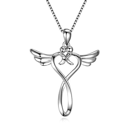Preisvergleich Produktbild Engel Kreuz Kette Sterling Silber Schutzengel Unendliche Liebe Kruzifix Anhänger Halskette für Damen Mädchen Kinder (Engelsflügel kreuz kette A)