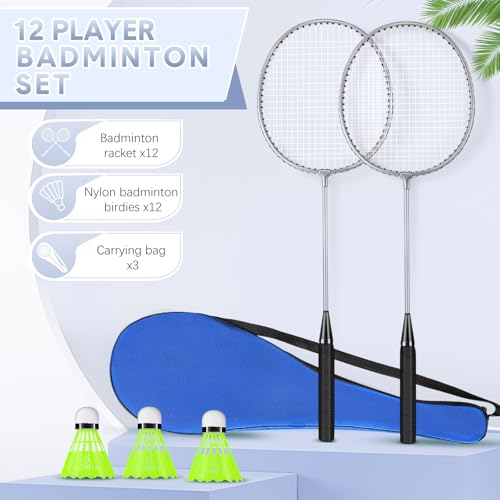Image of 12 Pack Badminton Rackets Set Including Badminton Racquets, Nylon Shuttlecocks and Carry Bag for Outdoor Backyard Games Beginners