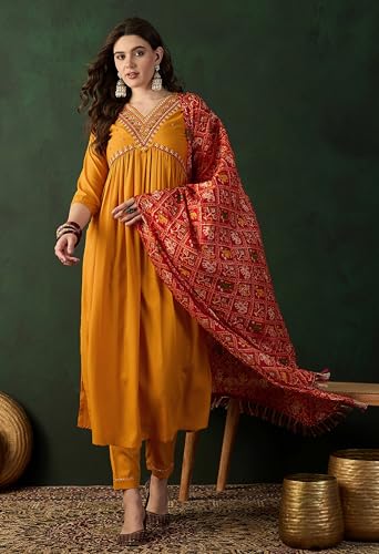 Image of SheWill Women's Mustard American Crepe Zari Sequence Embroidered Alia Cut Kurta with Pant and Dupatta
