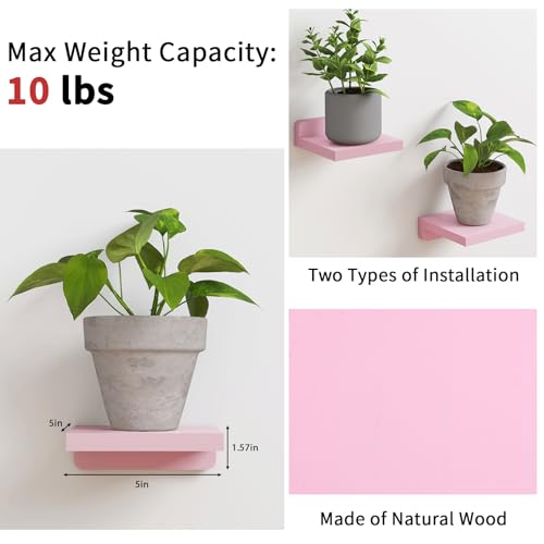 Image of Fixwal Small Floating Shelves for Wall Decor (Pink, Set of 4, 5Inch) | Rustic wood shelf for displaying mini frames, plants, collectibles. Fits bedroom, living room, bathroom, kitchen, or office.