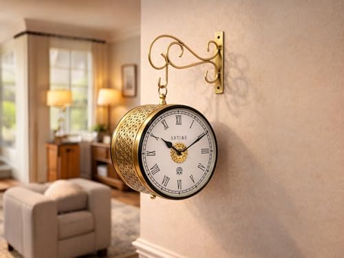 Image of Handcrafted Double Side Metal Analog Vintage Wall Clock,Hand Jali Cutting | 1.5 Year Machine Warranty |65470- Size INCHES | 1 Side Number 1 Side Roman,Colour Golden Size 8 inch