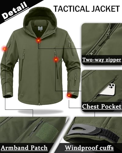 Image of Men's Tactical Fleece Lined Jacket Softshell Military Hooded 7 Pockets Windproof Outdoor Work Rain Coats Green M