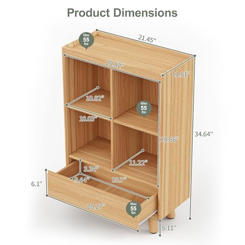 YOSHOOT 4 Cube Bookshelf with 1 Drawer - 21.7" Wood Cube Bookcase with Legs, Open Cubby Bookshelves for Bedroom, Living Room,Home Office, Nature by YOSHOOT - Used condition - Image 2