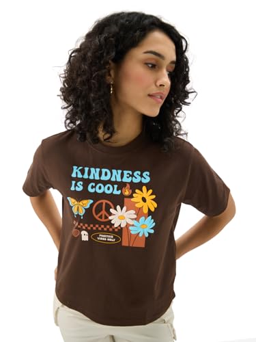 Image of The Souled Store Originals: Kindness is Cool Women and Girls Short Sleeve Round Neck Brown Graphic Printed Regular Fit Cotton T-Shirts