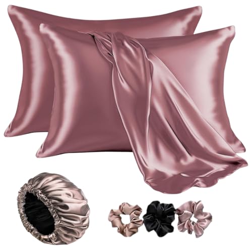 Image of Go well Satin Bonnet for Curly Hair with 2 Silk Satin Pillow Covers and Scrunchies Pack of 3 | Silk Bonnet Hair (Rosetaupe)