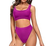 Dixperfect Two Pieces Bikini Sets Swimsuit Low Scoop Crop Top High Waisted Cheeky Bottom (L, Hot Pink)