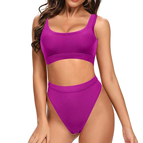 Dixperfect Two Pieces Bikini Sets Swimsuit Low Scoop Crop Top High Waisted Cheeky Bottom (L, Hot Pink)