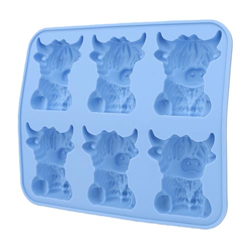 Brrnoo Mini Moule à Glaçons en Forme de Vache des Highlands, Plateau à Glace 3D Réutilisable en Silicone pour Whisky, Cocktail, Bière, Bleu, 6 Cavités