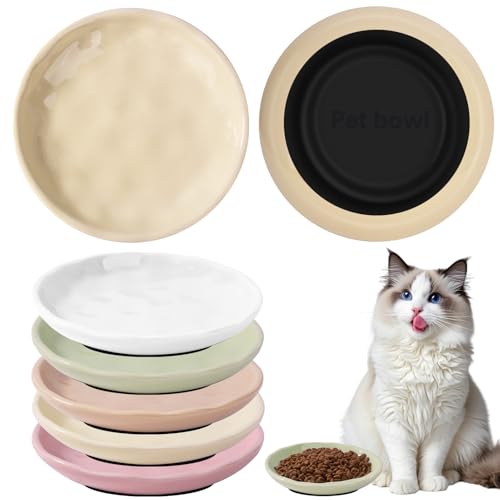 Vikcvcsc 5 Peças Comedidor de gato, porta-moedas de gato cerâmico com base de silicone antiderrapante, tigela plana para gatos, alivia a fadiga da barba, tigela colorida para gatos e animais pequenos