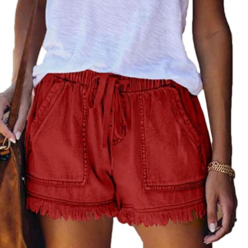OVLAJ Shorts Femme Taille Haute Shorts Jeans Taille Été Femmes Jeans Shorts Large XXL Femmes Shorts Femmes Large-Red,XS