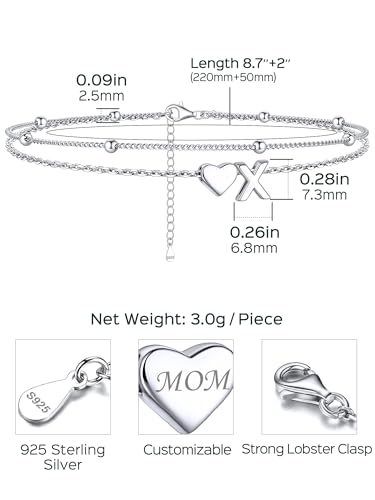 Image of ChicSilver Sterling Silver Anklets for Women Hypoallergenic Womens Ankle Bracelets for Women Layered Heart Anklet With Initials Womens Anklets Jewelry for Mom Wife