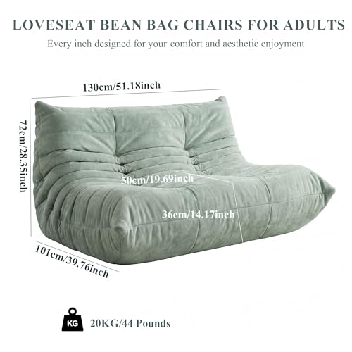 Image of Bean Bag Loveseat for Adults, 51.18 inch Double Floor Lounge Sofa with Reinforced Armrests, 30D High-Density Foam Support, Premium 450G Velvet Soft Seating for Living Room & Bedroom, Bean Green