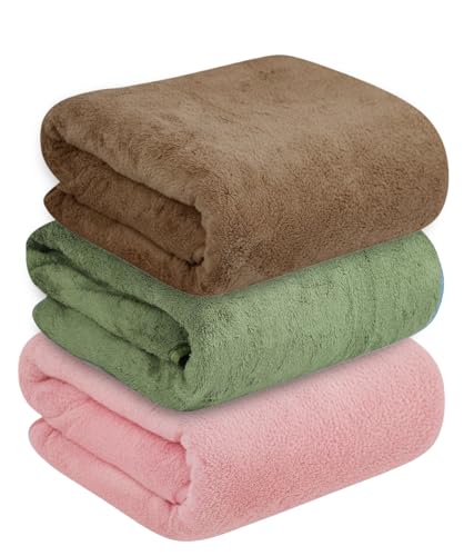 Image of Dribble Coral Fleece Weft Knitting 400gsm Bath Towel 70 x140cm | Ultra Soft, Quick Dry, Highly Absorbent | Lightweight & Skin-Friendly Towel for Bathroom, Gym & Travel, (Brown /Green /Pink, Pack of 3)