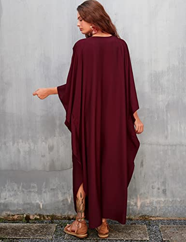 Eddoyee Womens Plus Size Bathing Suit Cover Ups Batwing Sleeve Beach Kaftans Dresses Loose Vacation Robe Jujube Red #TOP4