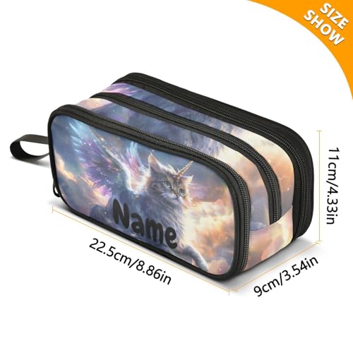 Image of Custom Unicorn Cat with Wings Pencil Case Box Boys Girls Personalized Name Large Pencil Pouch Stationery Pen Bag Organizer for Kids Adults School Office