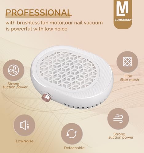 Lumcrissy Professional Nail Dust Collector - 4500 RPM Strong Suction, Quiet Adjustable Brushless Turbo Fan, 360° Dust Collection for Acrylic/Gel Nails, Salon & Home Use (Oatmeal) — view 3
