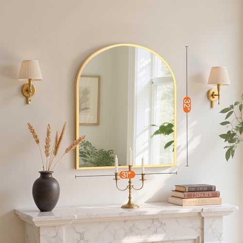 Image of Sweetcrispy 31 inchx32 inch Arched Gold Bathroom Mirrors for Wall, Bathroom Mirrors for Over Sink, Metal Framed with HD Shatter-Proof Glass for Entryway, Living Room, Bedroom