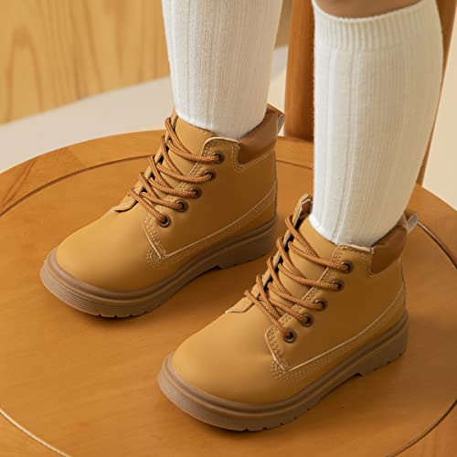 Kannior Boys Hiking Snow Boots Little Kid High Top Dress Shoes Toddler Lace Up Non-Slip Texture Sole Loafer Ankle Flats PU Leather Classic Casual Walking Work Boot(Toddler/Little Kid)2