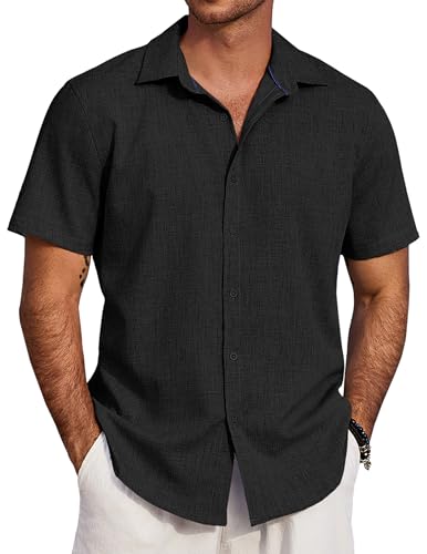 COOFANDY Men's Beach Summer Shirts Linen Texture Shirts Short Sleeve Casual Button Down Shirt
