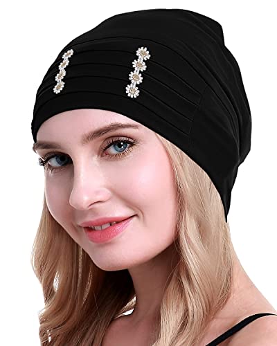 Osvyo Bamboo Flower Chemo Headwear Turban For Women - Headcovering Beanie Caps Black #TOP5