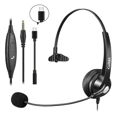 Callez Wired Computer Headset, 3.5mm Cell Phone Headset with Mic Noise Cancelling, USB-C Headphone for PC Laptop Mac iPhone Samsung Zoom Teams Call Center Home Office Work, in-line Controls