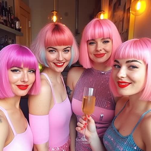Image of LIULIUBTY Short Bob Hair Wigs Straight with Flat Bangs Synthetic Colorful Cosplay Daily Party Neon Wig for Women + Free Wig Cap 12 inch Natural As Real (Cute Pink)