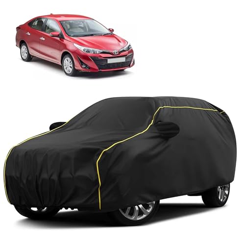 Image of Sulfar 100% Water Resistant Car Body Cover Compatible with Mirror for Toyota Yaris (Triple Stitched, Full Bottom Elastic, Black Taffeta with Yellow Piping)