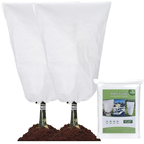 Plant Covers Freeze Protection 2pcs 47inx72in 2oz/ydÂ² for Tree Shrub Potted Winter Outdoor Garden Frost Cloth pests Protection Blanket bag Non Woven Fabric with Zipper Drawstring (47inx72in, White)