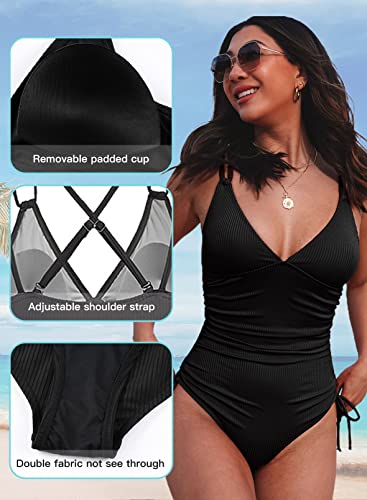 Aleumdr Women's V Neck One Piece Tummy Control Swimsuit Cheeky Tie Side High Cut Bathing Suit Ribbed Swimwear Black Large #TOP4