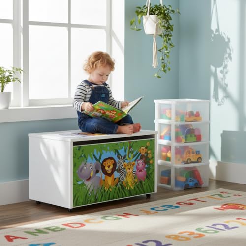 Leomark Holzspielzeugkiste auf Rädern, Sitzbank mit Stauraum, Spielzeugkiste mit Deckel, Kinderbank – Truhenbank für Kinder, weiße Aufbewahrungsbox 91L, Maße: 71cm x40,5cm x45cm (Dschungel tiere) - 2
