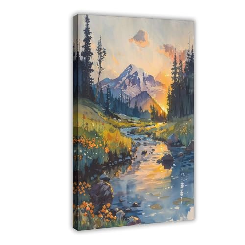 ZJLAMZ Mount Rainier Watercolor Painting Wall Art Print Poster National Park Artwork Washington Home Decor Gift Idea Canvas Poster Wall Art Print Frame 24x36inch(60x90cm)