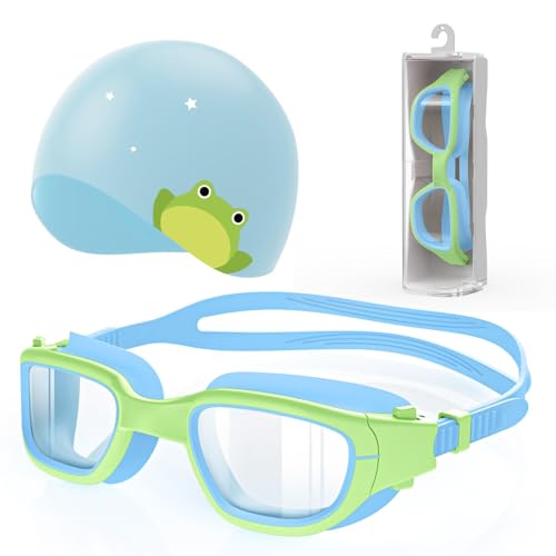 Zeligerstar Kids Swim Goggles with Silicone Swim Cap, Swimming Goggles Cap Set for Kids 6-14, Anti-Fog Anti-UV Pool Glasses for Boys Girls Children