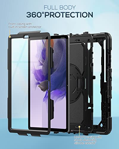 Seymac Samsung Galaxy Tab S8 Plus/Tab S7 Fe/ S7 Plus Case 12.4'', Heavy Duty Full-Body Shockproof Protective Case With Screen Protector, Rotating Stand, Hand/Shoulder Strap And Pencil Holder, Black #TOP5
