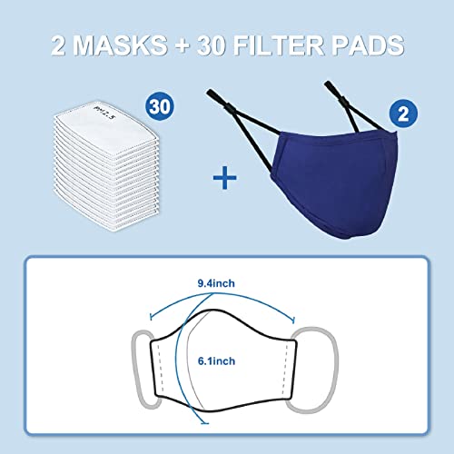 Tomorotec 2Pcs Adult Unisex Washable & Reusable Face Masks With Filter Pocket + 30Pcs Filters (Blue) #TOP5