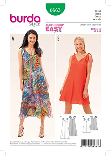 Burda Ladies Easy Sewing Pattern 6663 V Neck Shoulder Tie Dresses #TOP6